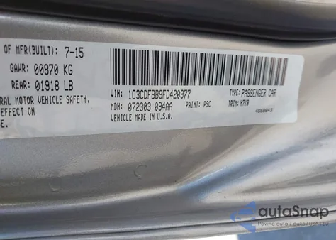 2015 Dodge Dart Sxt из США, поврежденный, VIN 1C3CDFBB9FD420977